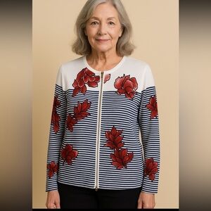 Gerry Weber Casual Zip Cardigan Sweater Woman 42 US 12 Stripped Floral Preppy
